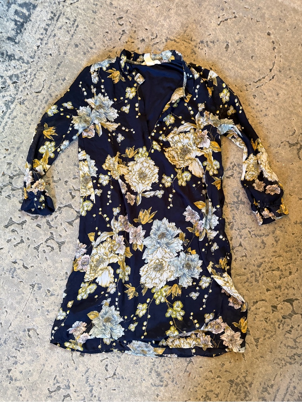 H&M Navy Floral Tunic Dress with Pale Blue and Mustard Accents